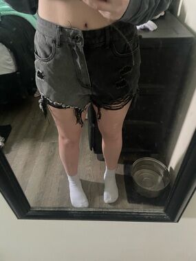 Women's Distressed High-Waist Denim Shorts - Charcoal